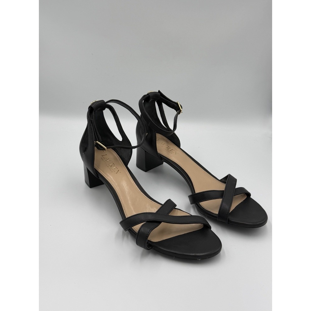 Lauren Ralph Lauren Folly Black Leather Ankle Strap Block Heel Sandals 8.5B